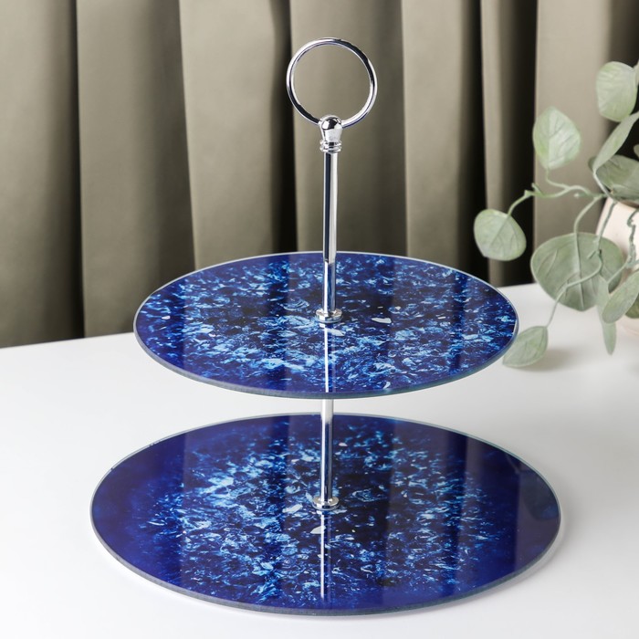 Фруктовница стеклянная 2-х ярусная круглая Доляна «Голубой агат», d=25/20 см, цвет синий - Фото 1