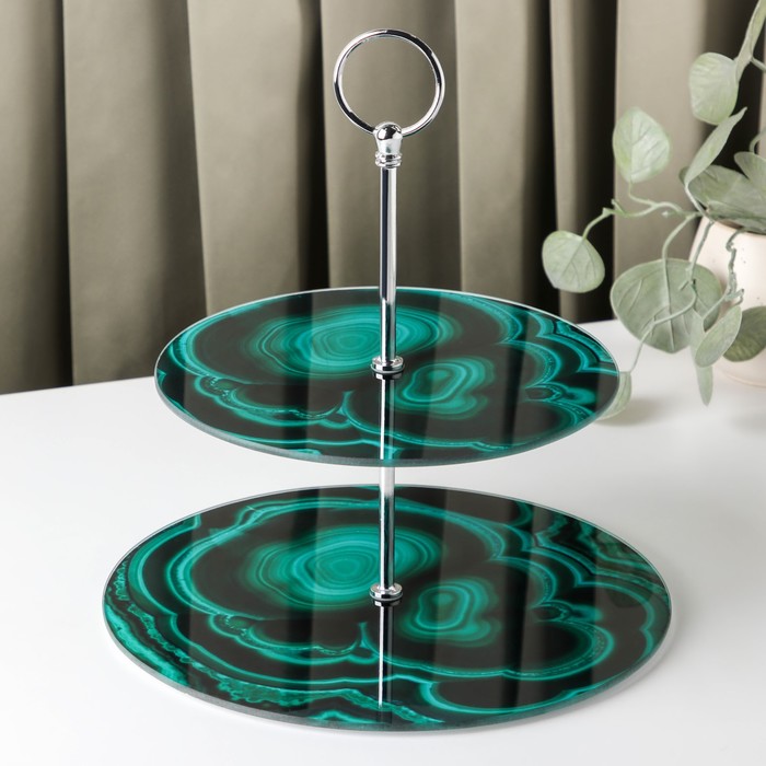 Фруктовница стеклянная 2-х ярусная круглая Доляна «Малахит», d=25/20 см, цвет зелёный - Фото 1