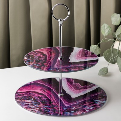 Фруктовница стеклянная 2-х ярусная круглая Доляна «Жеода», d=25/20 см, цвет фиолетовый