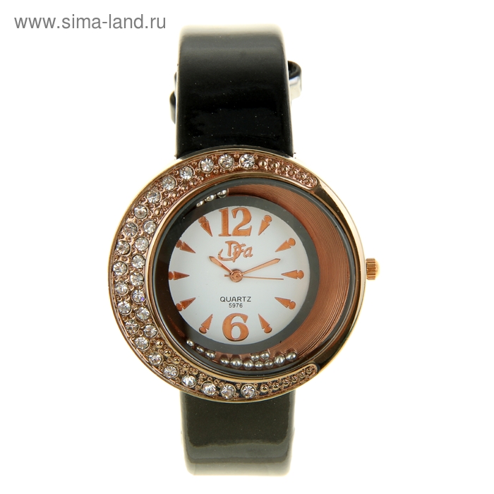 Часы наручные женские DFA бронзовый металл, стразы, чёрный ремешок - Фото 1