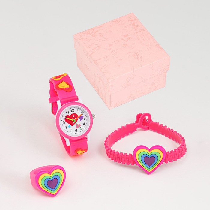 Детский подарочный набор для девочек "Сердечко" 3 в 1: наручные часы, браслет, кольцо - Фото 1
