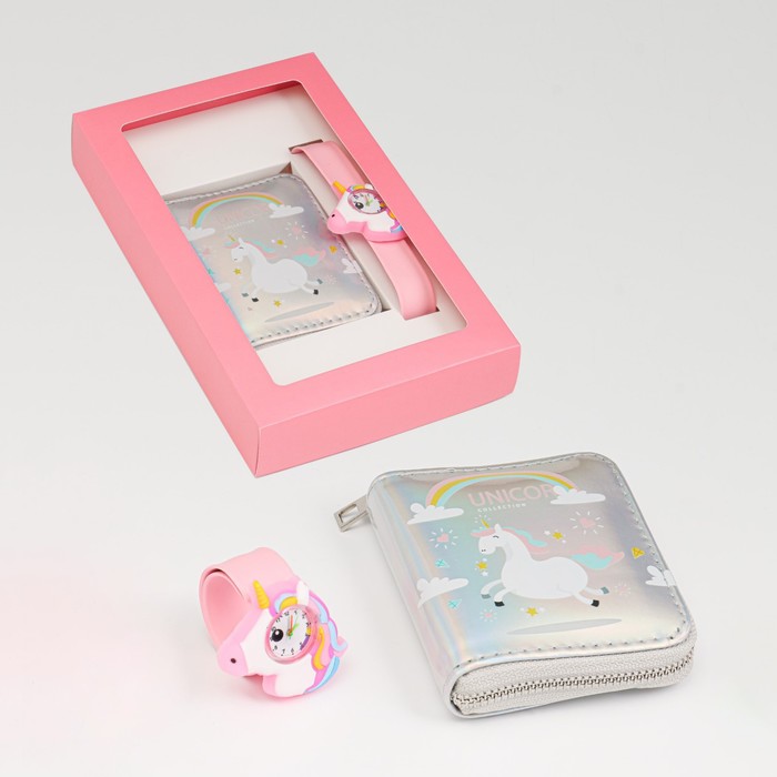 Детский подарочный набор для девочек "Единорожка" 2 в 1: наручные часы, кошелёк - Фото 1