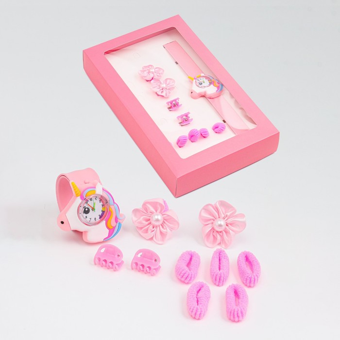 Детский подарочный набор для девочек "Единорожка" 10 в 1: наручные часы, 7 резинок, 2 крабика 718295 - Фото 1