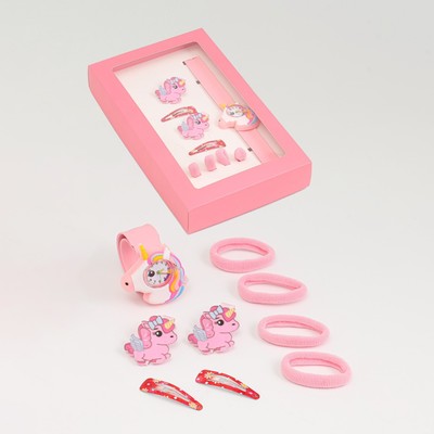 Детский подарочный набор для девочек 9 в 1: наручные часы, 4 резинки, 2 зажима, 2 заколки