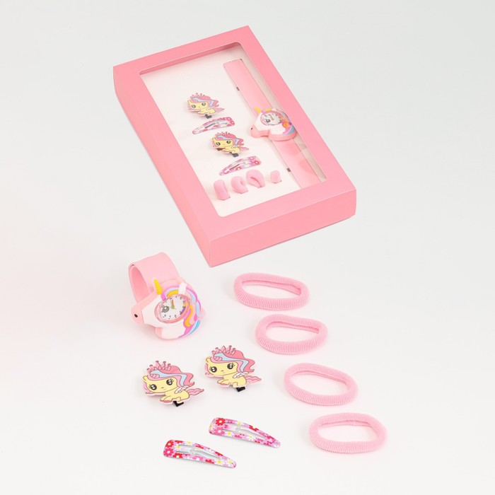 Детский подарочный набор для девочек "Пони" 9 в 1: наручные часы, 4 резинки, 2 зажима, 2 невидимки 7 - Фото 1
