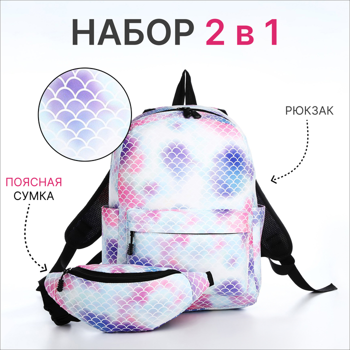 Рюкзак молодёжный из текстиля на молнии, 3 кармана, поясная сумка, цвет голубой/белый/розовый - Фото 1