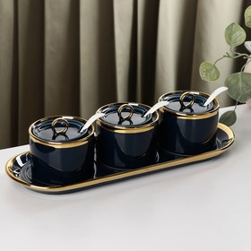 Набор банок керамических с ложками на подставке «Акварель», 3 предмета: 220 мл, цвет синий