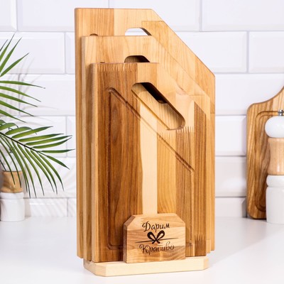 Набор досок разделочных Дарим Красиво «Угловая ручка», 3 шт., 38×22×1.8 см, 34×20×1.8 см, 30×18×1.8 см, на подставке, дерево