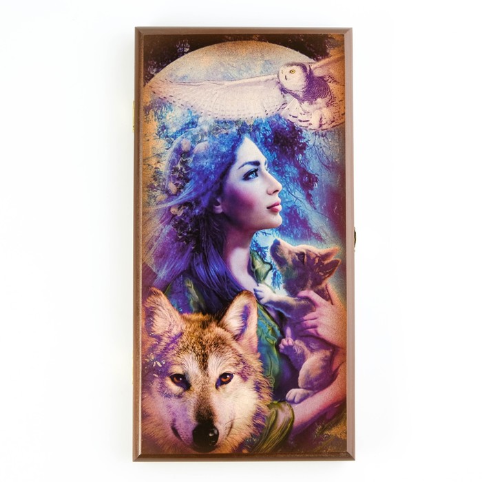 Нарды "Девушка с волками", деревянная доска 40 x 40 см, с полем для игры в шашки - фото 1907398657