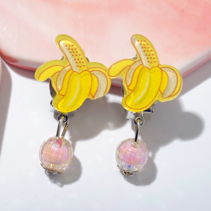 Серьги клипсы детские Выбражулька «Бананы» с бусиной, жёлто-розовые - Фото 1