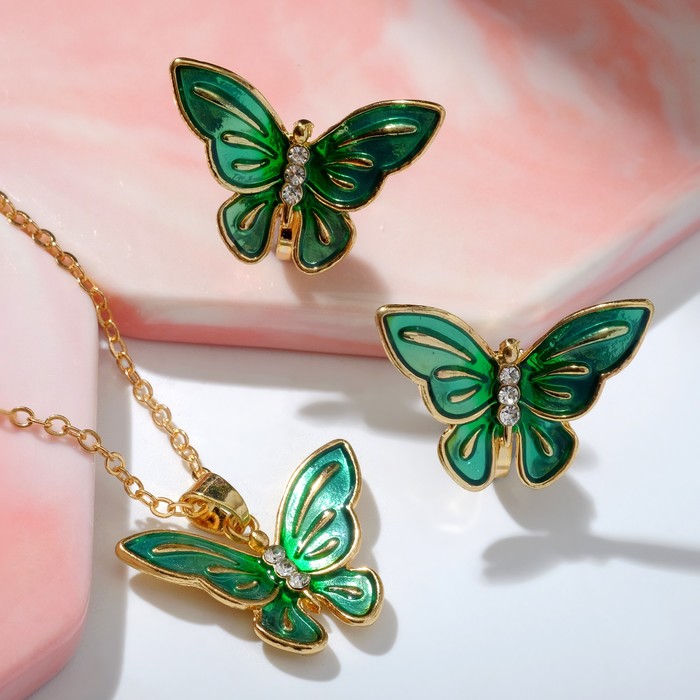 Набор «Выбражулька» 2 предмета: клипсы, кулон, бабочки весенние, цвет зелёный в золоте - фото 1910333293