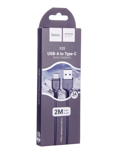 Кабель Hoco X20, Type-C - USB, 3 А, 2 м, PVC оплетка, черный