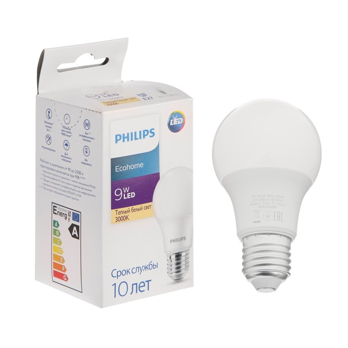 Лампа светодиодная Philips Ecohome Bulb 830, E27, 9 Вт, 3000 К, 680 Лм, груша