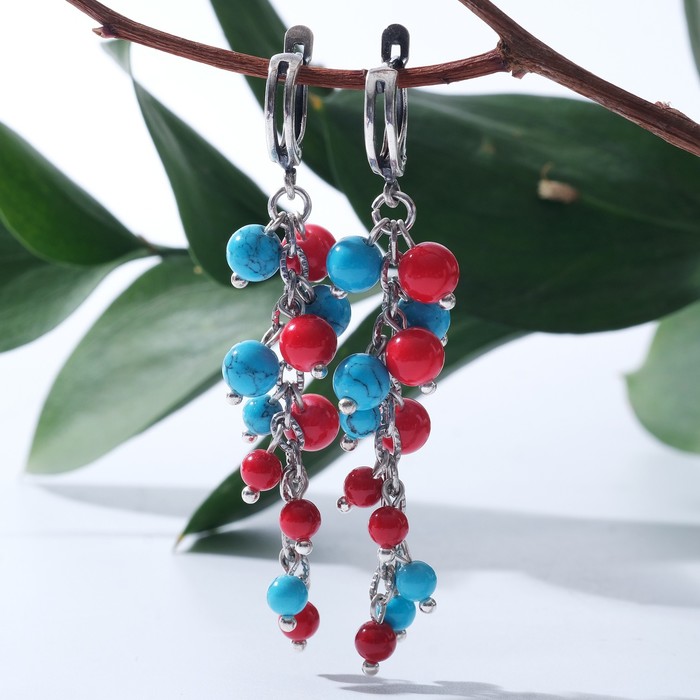 Серьги «Микс камней» коралл и бирюза, гроздь - Фото 1