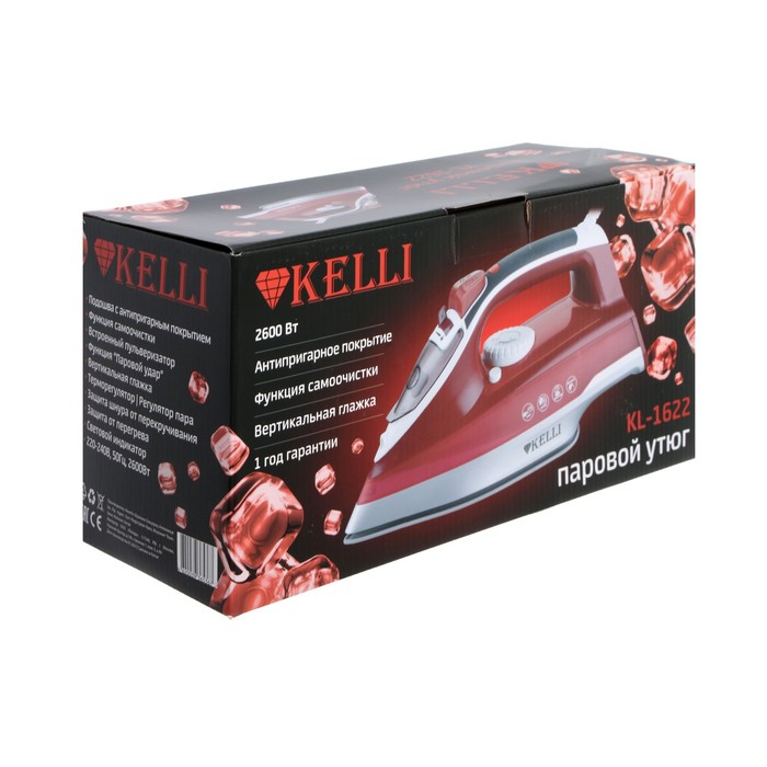 Утюг KELLI KL-1622, 2600 Вт, тефлоновая подошва, 100 г/мин, красный - фото 51480074