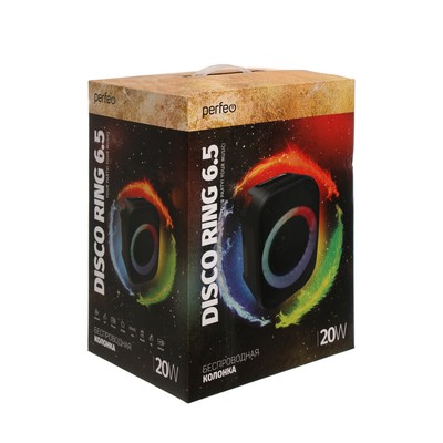 Портативная колонка Perfeo DISCO RING, FM, MP3, microSD, USB, AUX, 20 Вт, 3600 мАч, черная