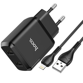 

Сетевое зарядное устройство Hoco N7, 2 USB - 2.1 А, кабель Lightning 1 м, черный