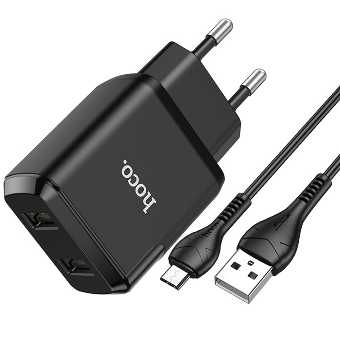 Сетевое зарядное устройство Hoco N7, 2 USB - 2.1 А, кабель microUSB 1 м, черный - фото 51455092