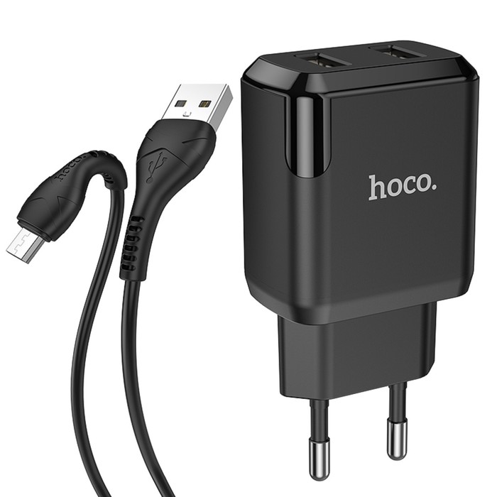 Сетевое зарядное устройство Hoco N7, 2 USB - 2.1 А, кабель microUSB 1 м, черный - фото 51455094