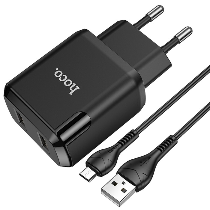 Сетевое зарядное устройство Hoco N7, 2 USB - 2.1 А, кабель microUSB 1 м, черный - фото 51455095