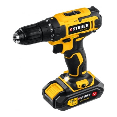 Дрель шуруповерт щеточный STEHER Cd=160-1, 350-1350 об/мин, 1 АКБх2 Ач, 2 скор., 35 Нм