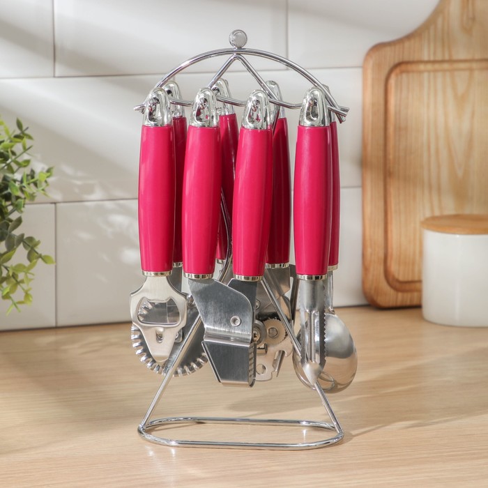 Набор кухонных инструментов «Реми», 6 предметов, на подставке, цвет бордовый
