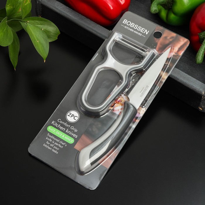 Набор кухонных принадлежностей Faded, 2 предмета: нож 8,5 см, овощечистка, цвет серый - фото 1885334144