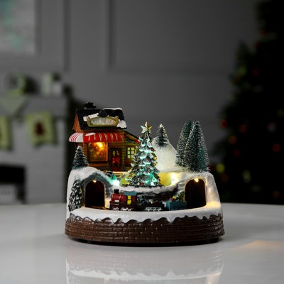 Светодиодная фигура «Поезд и ёлка» 20×20×16 см, полистоун, батарейки ААх3 (не в комплекте), USB, свечение тёплый белый