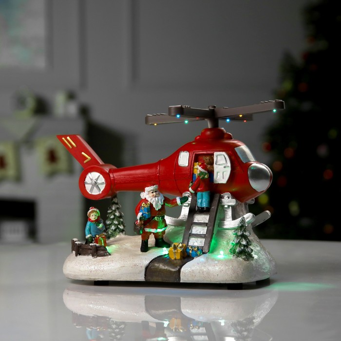 Светодиодная фигура «Вертолёт и Дед Мороз» 31.5 × 18 × 18 см, полистоун, батарейки ААх3 (не в комплекте), USB, свечение мульти