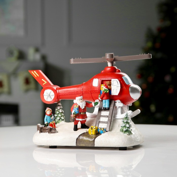 Светодиодная фигура «Вертолёт и Дед Мороз» 31.5 × 18 × 18 см, полистоун, батарейки ААх3 (не в комплекте), USB, свечение мульти - фото 1885345359