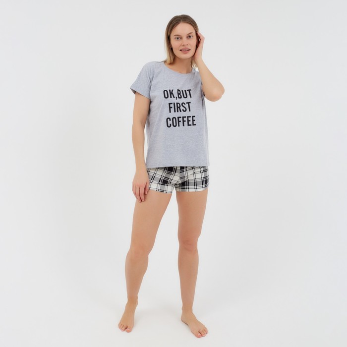 Комплект (футб/шорты) домашний женский , принт Ok but first coffee, 42 - Фото 1