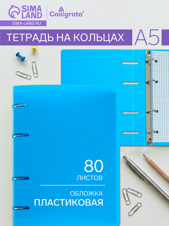 Тетрадь на кольцах Calligrata A5, 80 листов, в клетку, пластиковая обложка, блок офсет, голубая - Фото 1