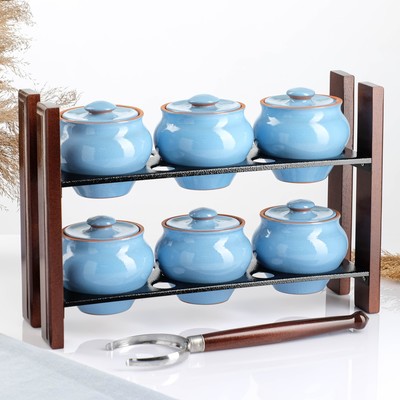 Горшочки для запекания Вятская керамика, набор 6 шт., 500 мл, полка, ухват, голубой