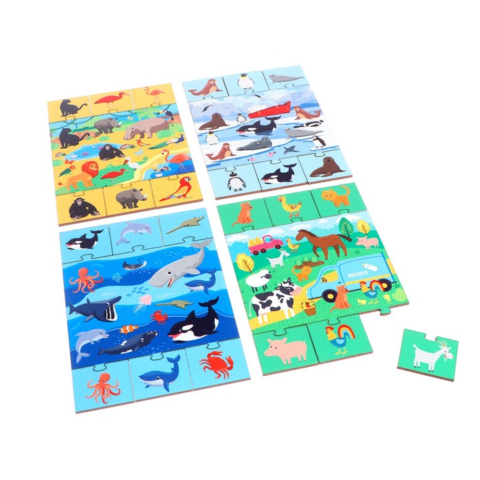 Игровой и обучающий набор «Такие разные животные», 4 пазла + картонная книга с окошками 53441