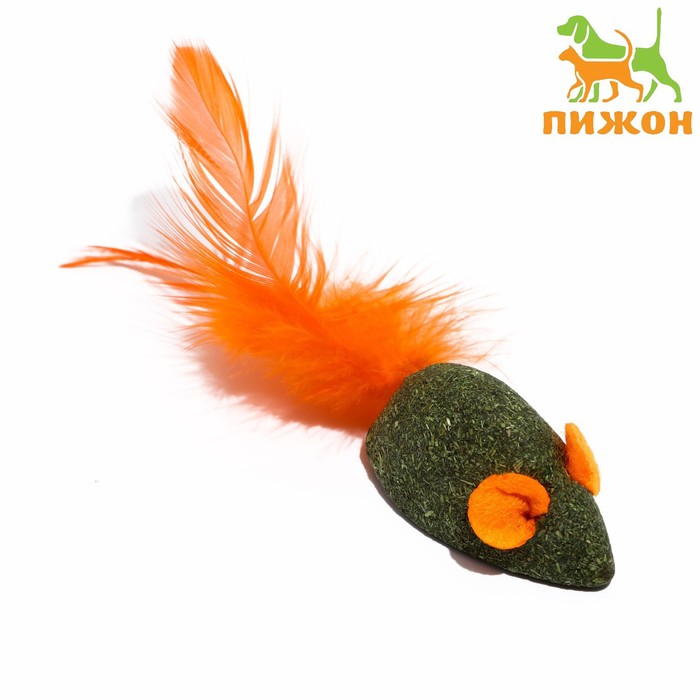 Мышь для кошек из прессованной кошачьей мяты, 5 см, с хвостом из перьев - Фото 1