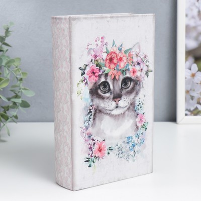 Шкатулка книга-сейф «Серая кошечка в цветочном венке», дерево, искусственная кожа, 21×13×5 см