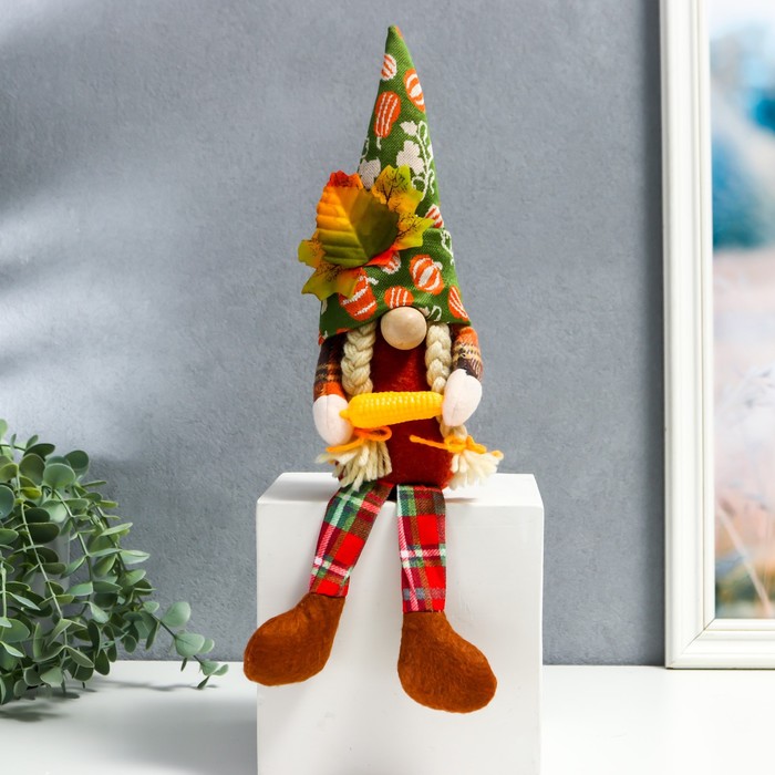 Кукла интерьерная "Бабуля в колпаке с листьями, с кукурузой" длинные ножки 35х6х7 см - Фото 1