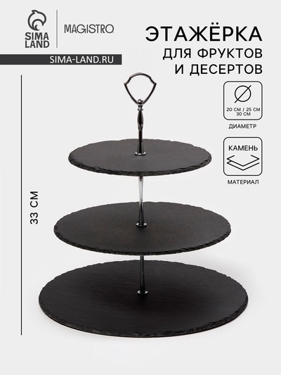 Этажёрка для фруктов и десертов Magistro Valley, 3 яруса, d=30/25/20×33 см, сланец, чёрная