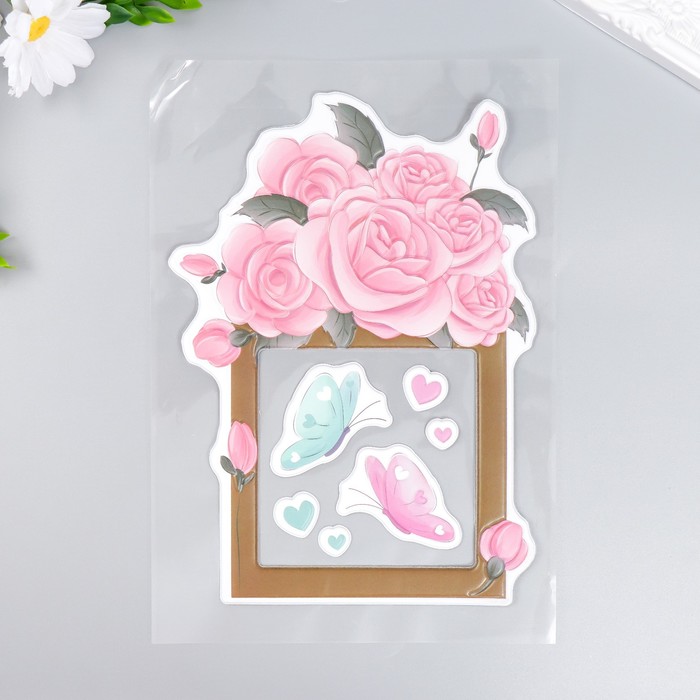 Наклейка на выключатель "Розы и бабочки" окно 8,5х8,5 см, объемная 26х16,5 см - фото 4515058