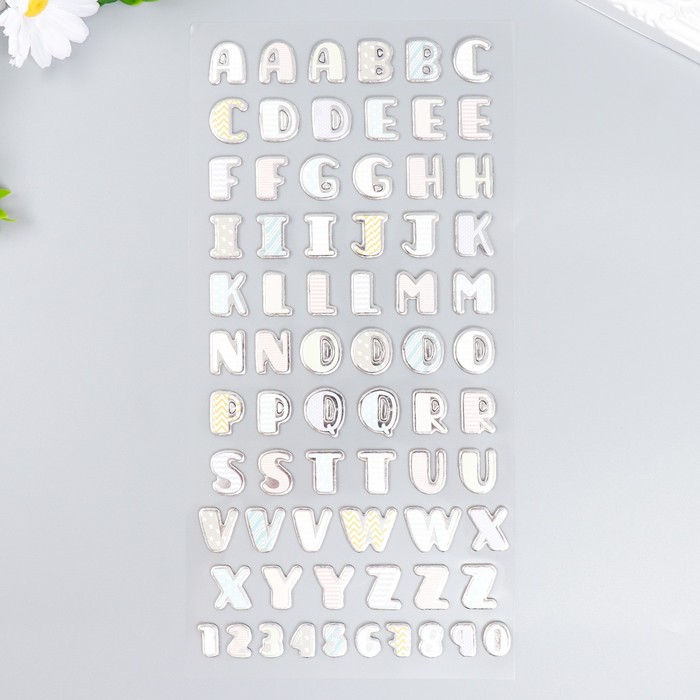 Наклейка пластик "Английский алфавит и цифры. Геометрия" серебристая обводка 31х14 см - Фото 1