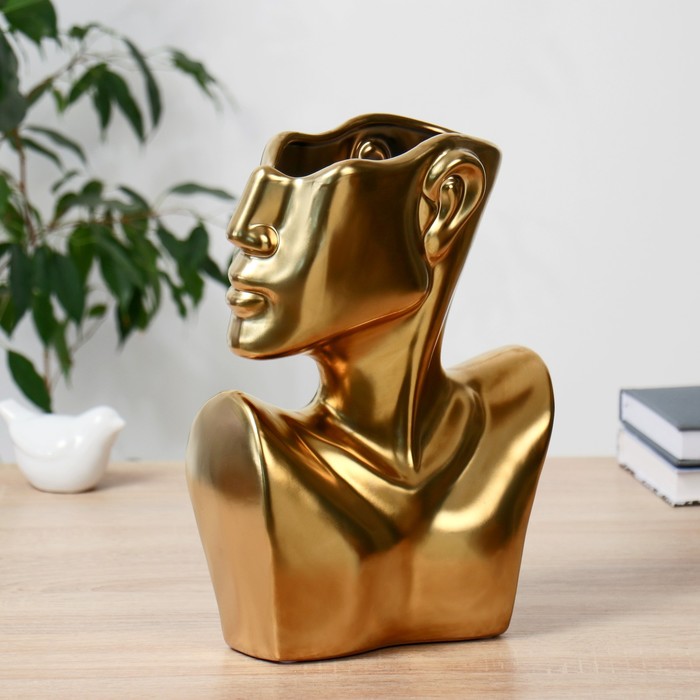Ваза керамика настольная "Изящный профиль" h-28 см, золото - Фото 1