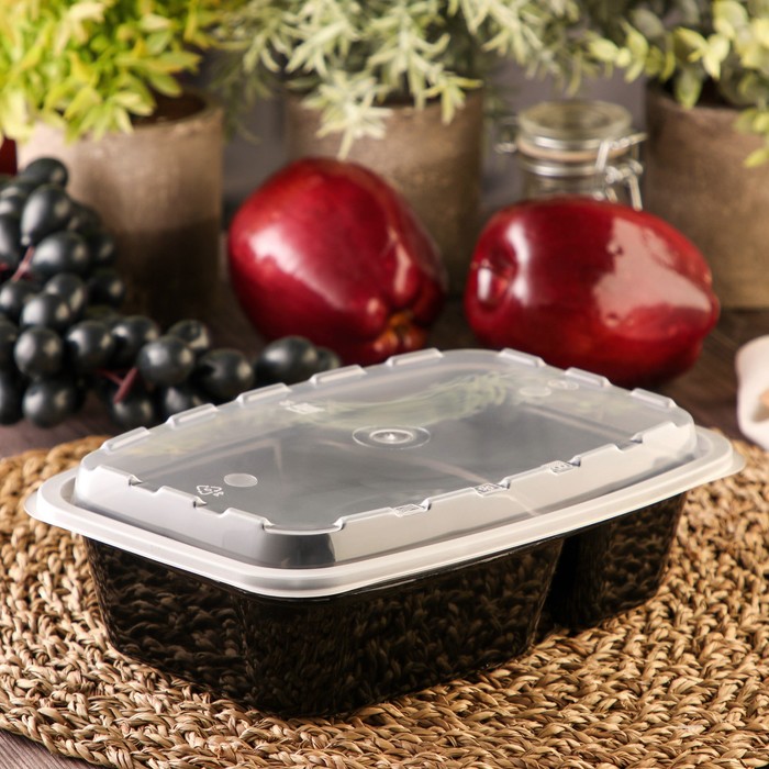 Контейнер одноразовый с крышкой, пластик, 830 мл, 2 секции, чёрный - Фото 1