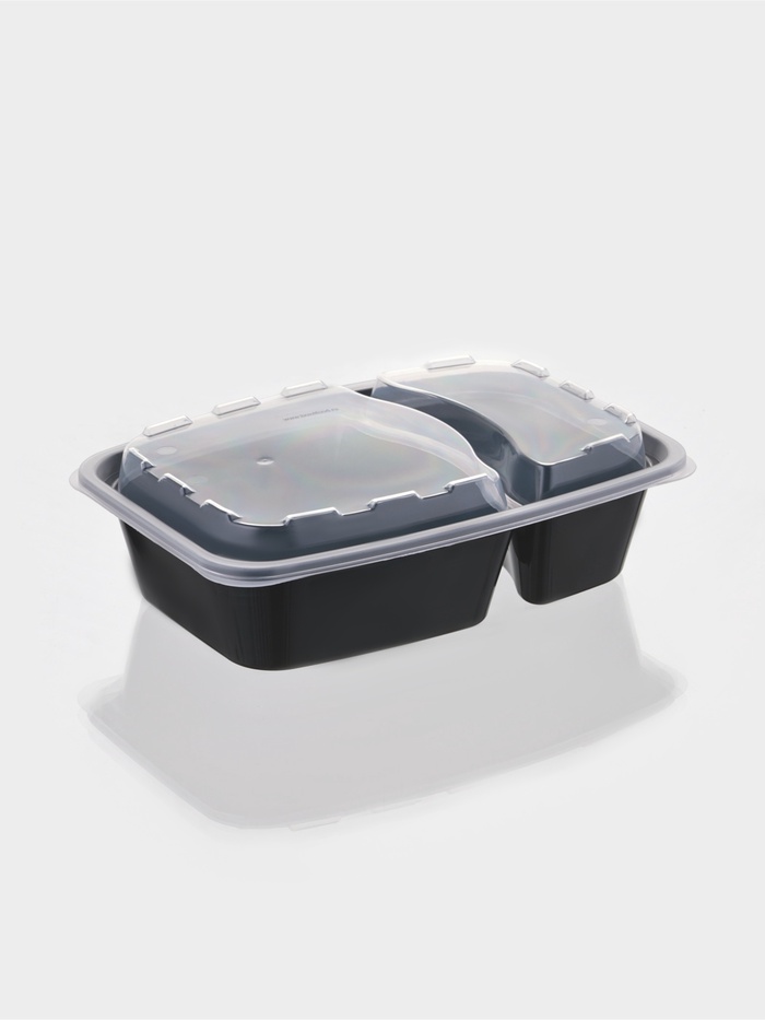 Контейнер одноразовый с крышкой, пластик, 830 мл, 2 секции, чёрный - Фото 1