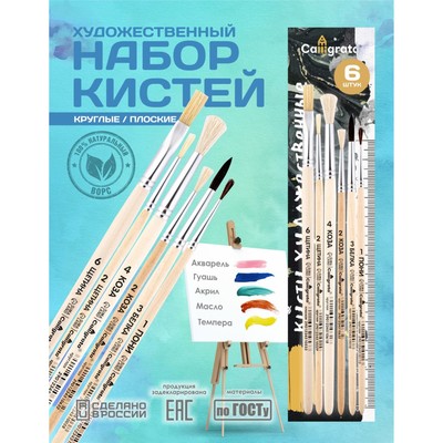 Набор кистей для рисования, пони, белка, коза, щетина, 6 штук: № 1, 2, 2, 3, 4, 6, Calligrata, круглые, плоские, ЭКОНОМ