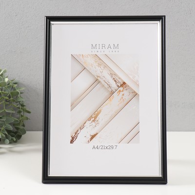 Фоторамка для фото 21×29.7 см (A4) «МИРАМ», пластик, чёрный с серебром, (пластиковый экран)