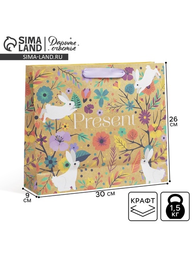 Пакет подарочный крафтовый, упаковка, «Present», 30 х 26 х 9 см