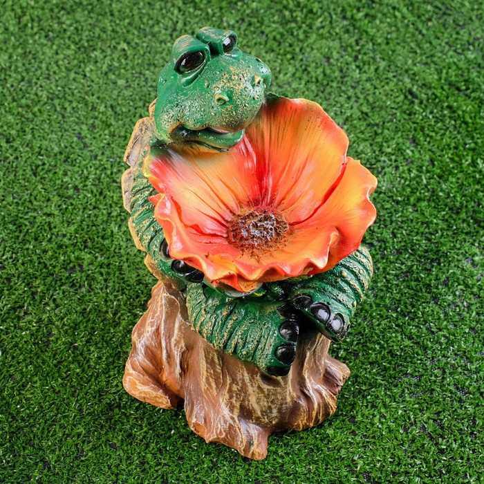 Садовая фигура-поилка для птиц "Зелёная черепаха на пне" из полистоуна, 29см, средняя - фото 1927873959