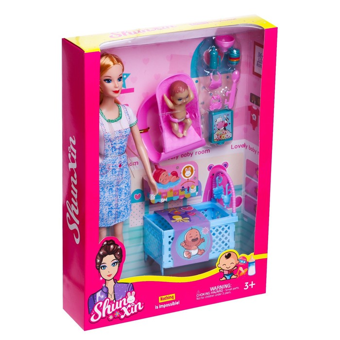 Кукла-модель «Молодая Мама» с малышом, кроваткой и аксессуарами, МИКС 53496