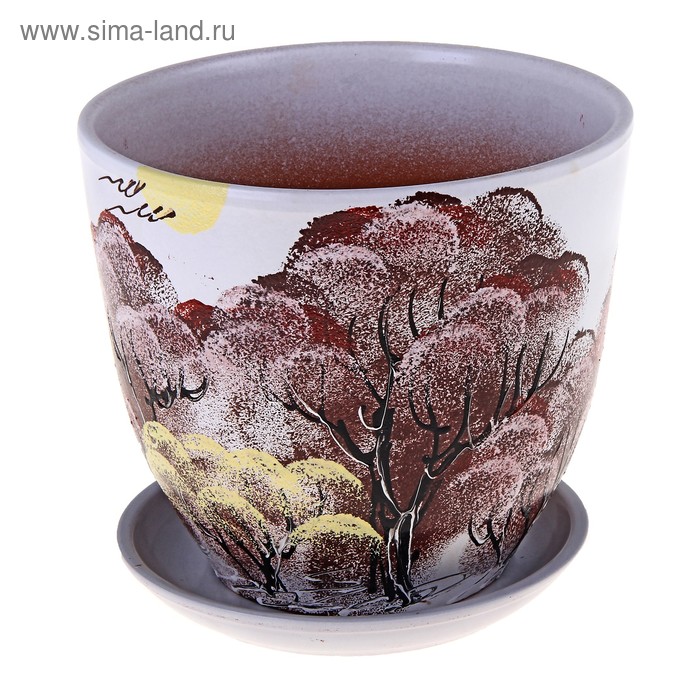 Горшок цветочный с поддоном 5 л, белый с рисунком керамика, "Пейзаж" (М) - Фото 1