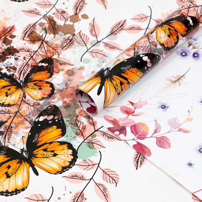 Бумага упаковочная  глянцевая двустороняя "Бабочки", 100 х 70 см - Фото 1